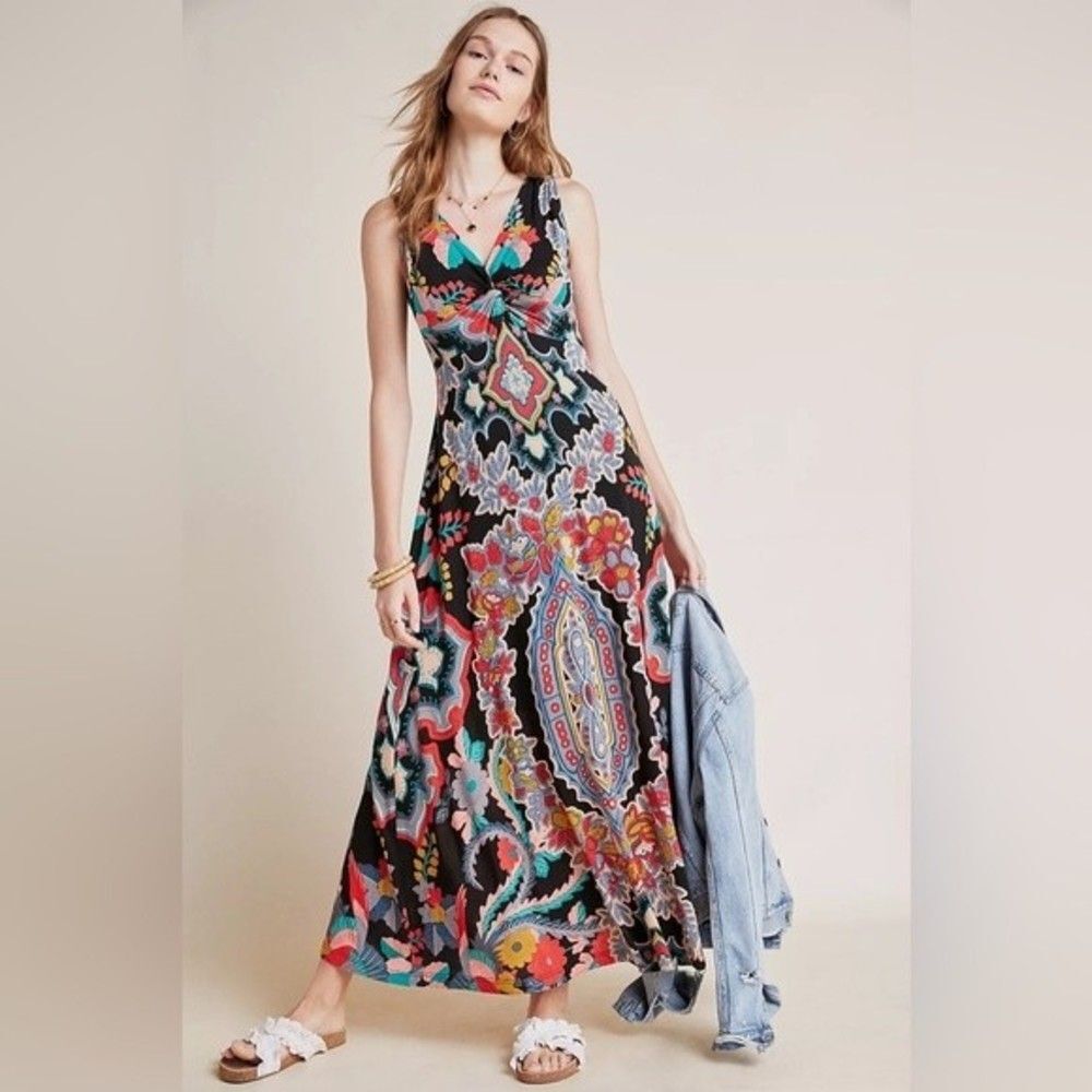 Anthropologie Maeve Camilla Maxi Dress in Black Motif XS